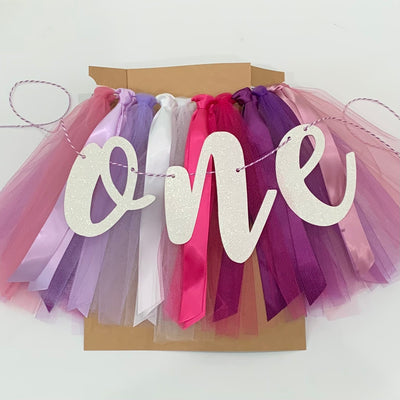 Plum, Fuchsia and Mauve First Birthday High Chair Tutu Skirt Banner