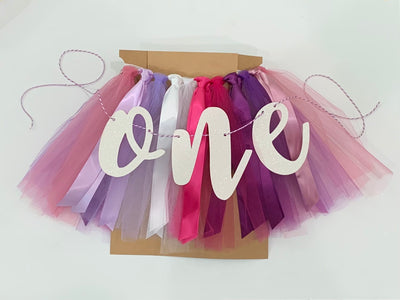 Plum, Fuchsia and Mauve First Birthday High Chair Tutu Skirt Banner