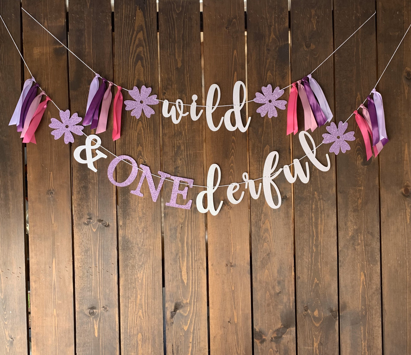 Wild and Onederful Wildflowers, Purples and Mauve and Dark Pink First Birthday Party Banner