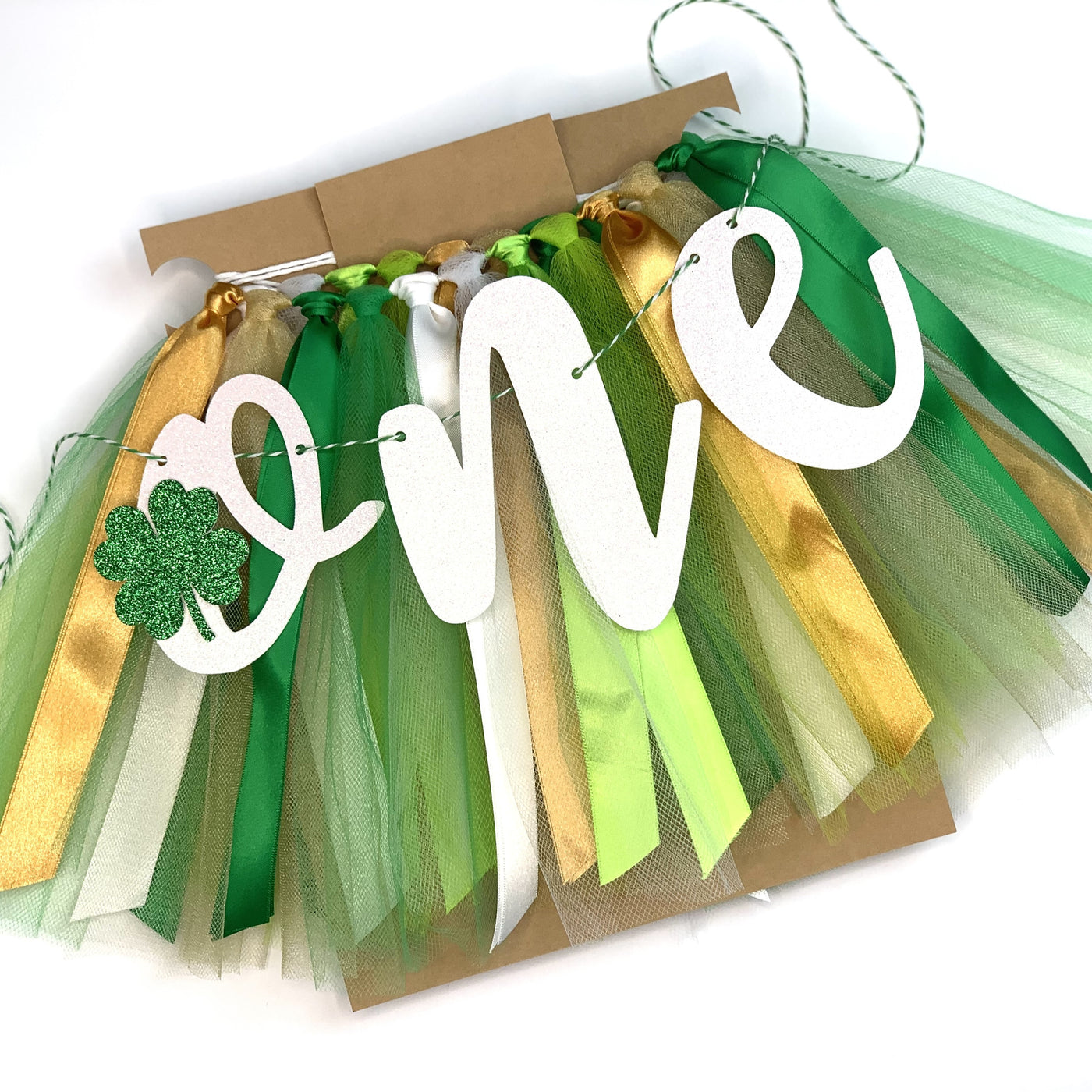 Lucky One St Patrick's Day First Birthday Theme. Green, White, Lime and Gold High Chair Tutu Skirt Banner