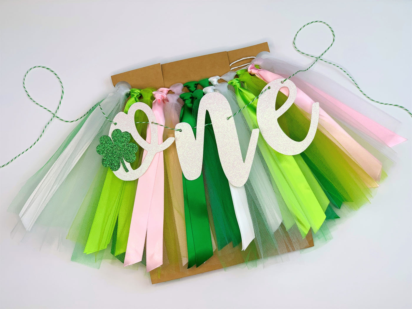 Lucky One St Patrick's Day First Birthday Theme. Green, White, Lime, Pink High Chair Tutu Skirt Banner PK