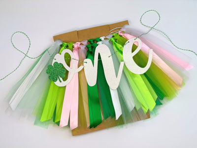 Lucky One St Patrick's Day First Birthday Theme. Green, White, Lime, Pink High Chair Tutu Skirt Banner PK