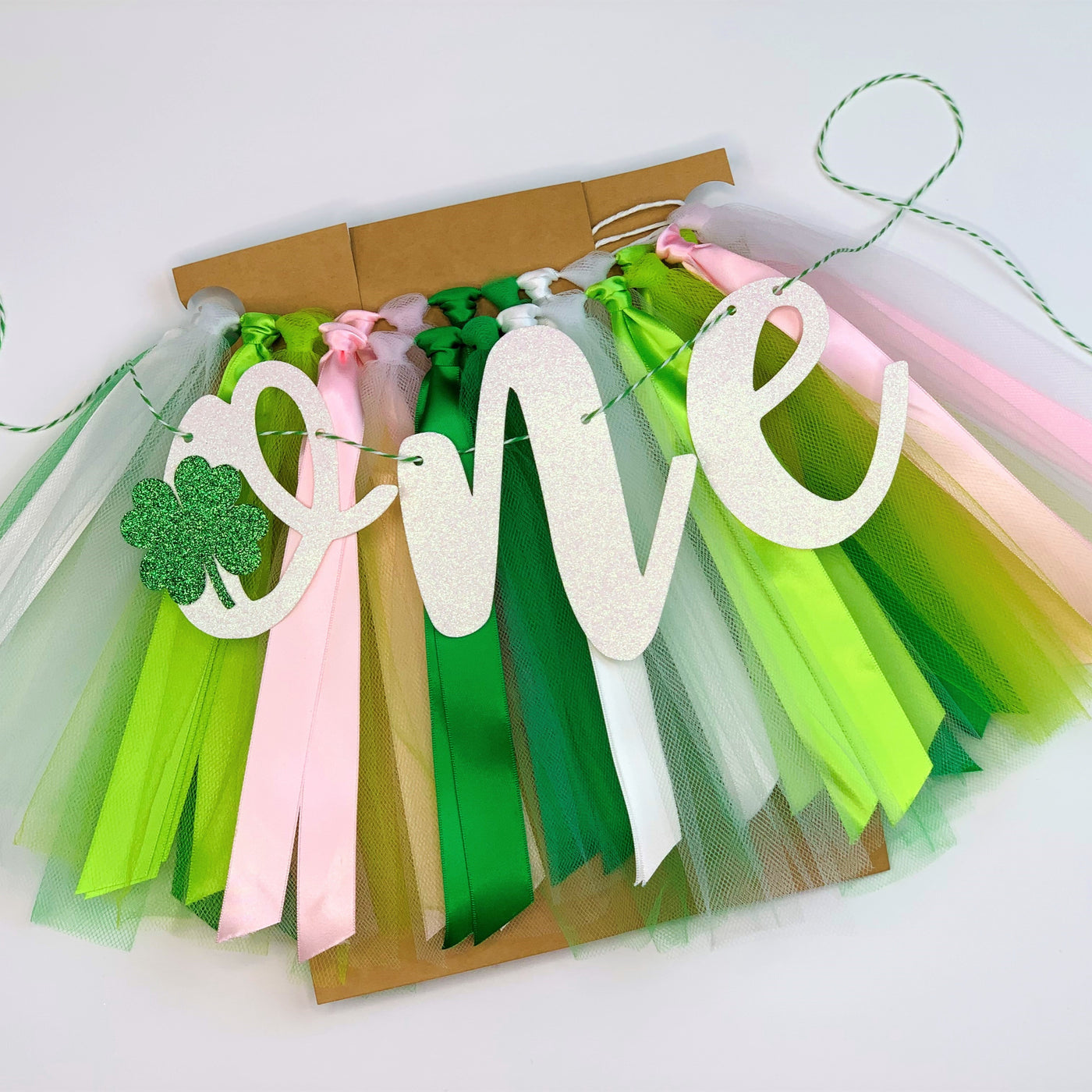 Lucky One St Patrick's Day First Birthday Theme. Green, White, Lime, Pink High Chair Tutu Skirt Banner PK