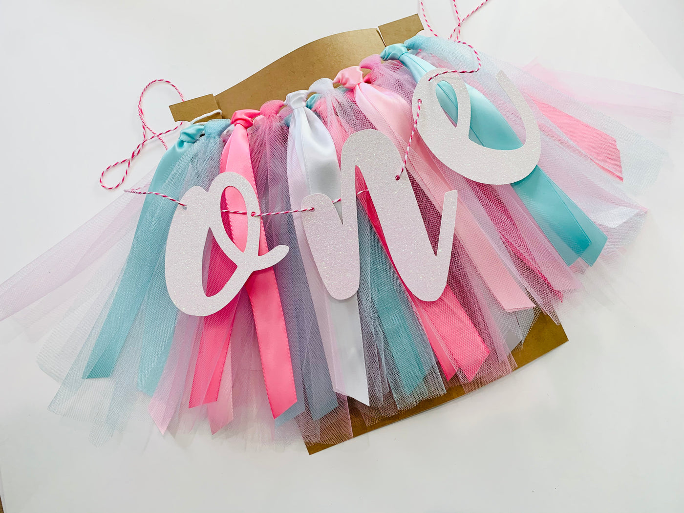 Pink, Aqua and White High Chair Tutu Skirt Birthday Banner CC