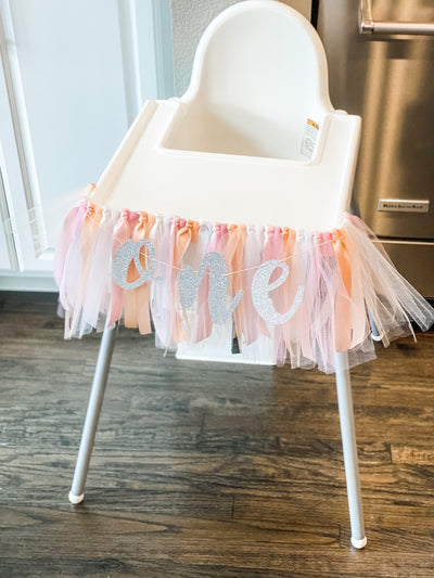 Peach, Pink and White One High Chair Tutu Skirt Banner